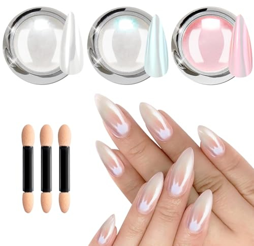 BISHENGYF Chrome Nail Powder – 3 StüCk Schillerndes Aurora Crome Pulver NäGel, Rosa Chrome Powder Nails Metallic-Spiegeleffekt-Pigment Perlglanz-Meerjungfrau-Glitzerstaub-Set, Nagelkunst-Dekoration