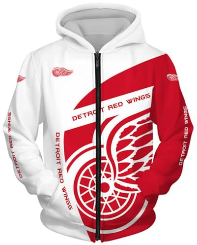 JFBNFKPO Sportbekleidung Männer Kapuze 3D Gedruckter Mantel Männer NHL Reißverschluss Sportbekleidung Eishockey Druck Rote Flügel Langarm, L