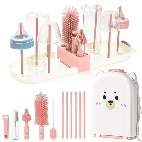 WeSweet 6-in-1 Baby Bottle Brush Set – Silicone Bottle Cleaning Brush with Nipple & Straw Cleaner, Soap Dispenser, Drying Rack – Portable Newborn Feeding Accessories for Home & Travel