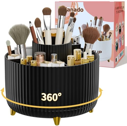 fanado 360 ° drehbarer Make-up-Organizer, Make-up-Pinselhalter, 5 Fächer für Make-up und Hautpflege-Aufbewahrung für Schminktisch, Desktop, Badezimmer (Schwarz)