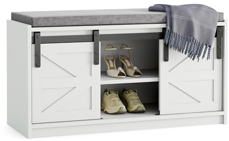 Mondeer Shoe Storage Bench, 2-Tier Farmhouse Entryway Bench with Sliding Barn Door Storage Cabinets & Removable Seat Cushion, for Entryway Hallway Bedroom, 90 x 45 x 35 cm, White