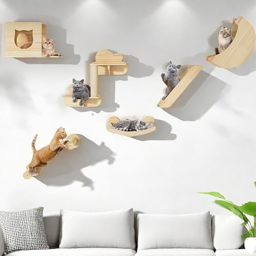 YITAHOME Katzenkletterwand Set aus Holz, 7-teiliges stabiles Katzenmöbel mit Katzenhaus, Katzenbett, Treppe, Sisalpfosten, Katzenhängematte für Katzen zum Schlafen, Spielen und Ausruhen