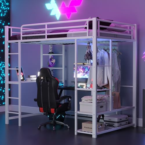 Merax Kinderbett Hochbett,Metall,90x200 cm, mit Schreibtisch,mehrere Regalen,einfach Kleiderschrank-Design,Leiter, Stabiler Metallrahmen, für Kinder und Jugendliche, Ohne Matratze,Weiß