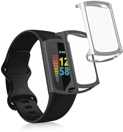 kwmobile 2x Cover with Screen Protector for Fitbit Charge 6 / Charge 5 Case - TPU Silicone Fitness Tracker Cover Set - Silver/Dark Grey