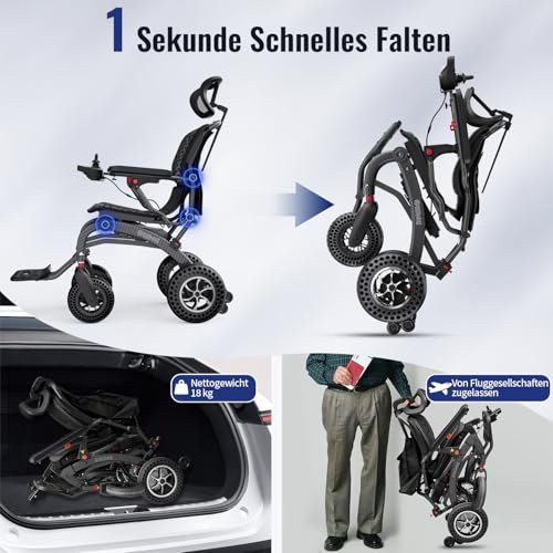 Easwe Sedia a rotelle elettrica leggera pieghevole con design ergonomico, sedia a rotelle motorizzata portatile senza spazzole da 400 W per Audlts, per tutti i tipi di terreni (B10-12AH)