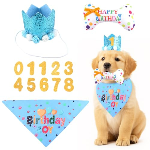 shallyong Hund-födelsedagsset, Hundfödelsedagsdekoration 4-delat set Hundfödelsedag med hatt, bandana, benleksak & siffror, Hundfödelsedagspresent för pojkar & flickor Hundar (Blå)