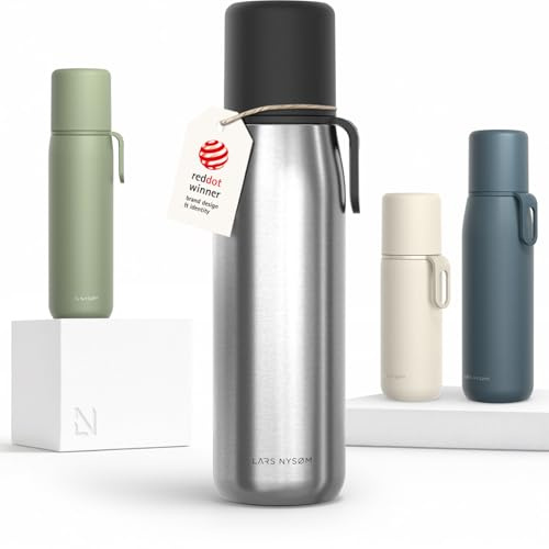 LARS NYSØM Botella Térmica de Acero Inoxidable - Isotérmica de Doble Pared con Taza y Correa, Metálica Hermética para Viaje, Oficina y Exterior (Stainless Steel, 1000ml)