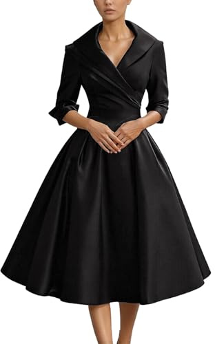 Vestido de cóctel vintage para mujer en estilo años 50 - Elegante vestido acampanado con cuello de chal | Vestido festivo para ocasiones especiales, Style_u01 Negro, M