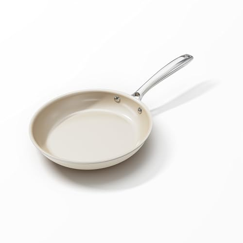 OUBRL Ceramic Non Stick Egg Pans, Nonstick Frying Pan Skillet,8 inch Cooking Pan Non Toxic,Induction Suitable，PFAS-Free Cookware, Dishwasher Safe, Oven and Broiler Safe (Cream/White, 20CM)