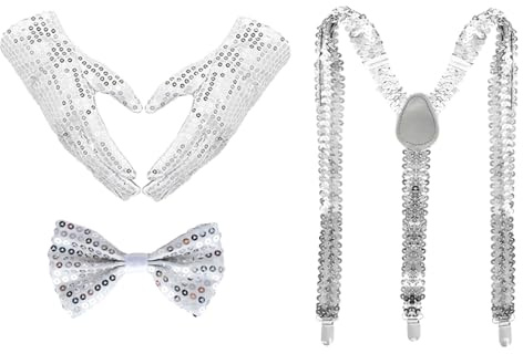 YUVKIN Set di Accessori Glitter Uomo con Bretelle, Guanti e Papillon con Paillettes per Costume di Carnevale, Festa a Tema, Disco Party o Show