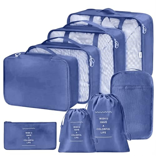 Organisateur Valise 8 Pièces,Organiseurs de Bagage pour Voyage,Packing Cubes de Voyages Pochette,Sacs Rangement de Valise Voyage Accessoires,pour Vêtements, Chaussures et Cosmétiques etc(Bleu Marine)
