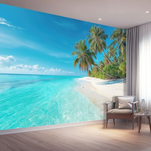 Mural de Pared 250 x 175 cm - diseño Playa Tropical Hojas de Palma Isla - Papel Pintado No Tejido, Impermeable y Transpirable - Decoración de Pared para Salón, Dormitorio - Colorido