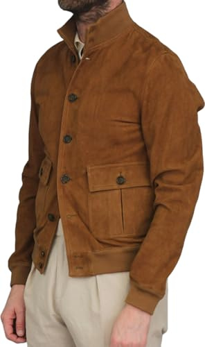 ChahuerOu Giacca Bomber In Camoscio Da Uomo, Collare Retro a Colori Uniti, Giacca Slim Fit Con Bottoni e Tasca. M