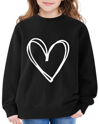 Mjjsk Flickor långärmad tröja hjärttryck rund hals tröjor barn vardaglig komfort pullover toppar barnmode skolkläder, Svart, 9-10 Years