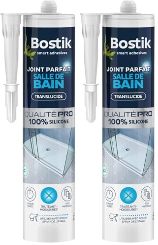 Bostik Mastic d’Étanchéité Joint Parfait Salle de Bain – Jointe Tous Matériaux – Traité Anti-Moisissures – Longue Durée – Formule 100% Silicone – Couleur : Transparent – 280 ml (Lot de 2)