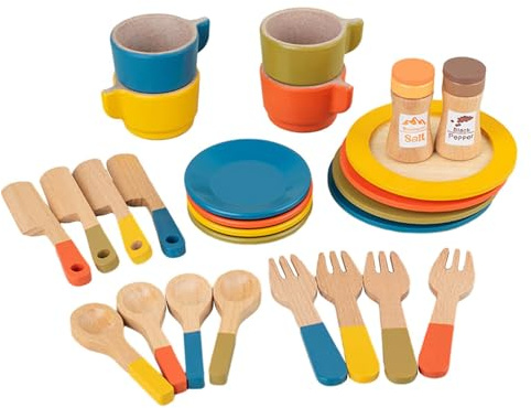 VPUPYILG Wooden Toy Plates Dishes Cups Simulation Play Cutlery Plate Set for Children