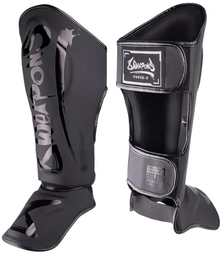 8 WEAPONS Schienbeinschoner Force 8, Schwarz-matt, Training, Sparring & Wettkampf, Hochwertiges Kunstleder und perfekte Dämpfung, Muay Thai, K1, MMA, Karate & Kickboxen