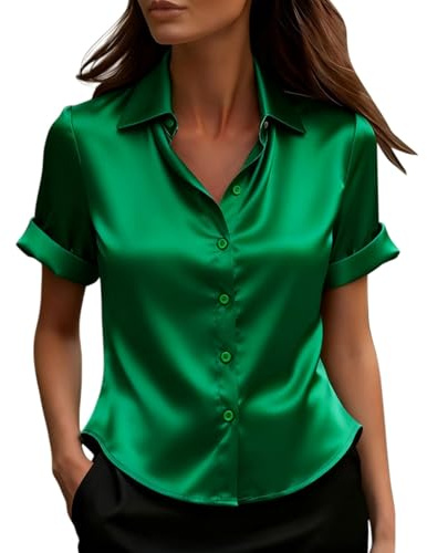 Satin Blouses for Women UK Elegant Smart Casual Business Office Wear Plus Size Summer Short Sleeve Button Down Silk Tops Dress Shirts Professional Job Interview Work Clothes