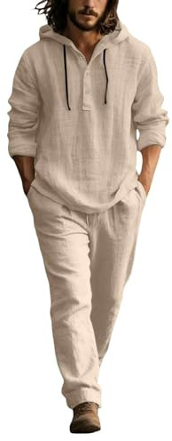 Genérico Traje Lino Hombre Verano Conjunto 2 Piezas Algodon, Camisa Casual y Pantalones Holgados Cordon, Atuendo Vintage Transpirable Comodo para Playa Fiesta Deportes Ocio y Trabajo Diario