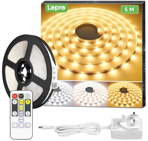 Lepro 5M LED Strip Lights, Warm White to Cool Daylight, Dimmable and Tunable with Remote, Stick-on LED Light for Bedroom, Desk, Mirror, Wall, Ceiling and More