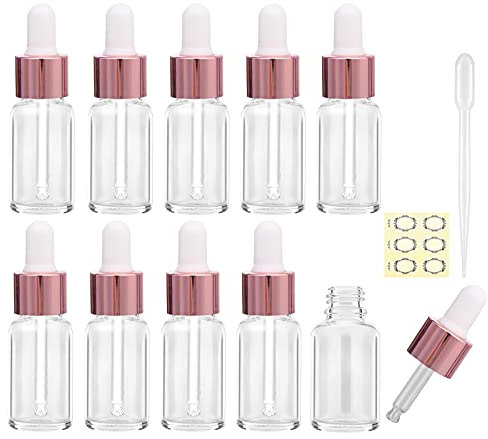 Alledomain 10Pcs, 5Ml Clear Glass Bottles with Dropper Pipettes, Mini Empty Dropper Bottles Rose Gold Metal Cap Refillable Sample Container for Essential Oil/Aromatherapy Blends/Chemical Liquid