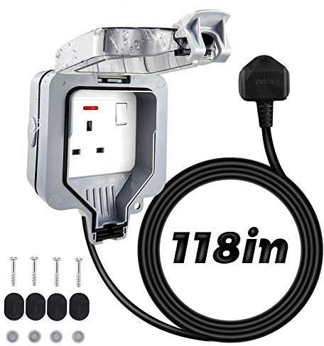 1 Gang Weatherproof Outdoor Sockets with 3M Extension Cable IP66 Waterproof Single External Power 1 Way Wall Electrical Outlets Fused Protected Switched Socket Cover Box 13A Outside Plug Sockets