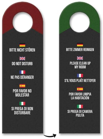 Hotel Türhänger Bitte nicht stören - Bitte Zimmer reinigen in verschiedenen Sprachen Dunkelgrau mit Pfeil Deutsch Englisch Französisch Spanisch Italienisch Zimmerservice
