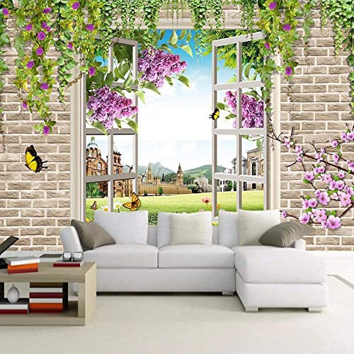 Carta Da Parati 3D Murales Scenario Di Fiori Di Finestra Fotomurali Adesivi Murali 3D Adesivi Murali Effetto Decorazione Carta Da Parati Ragazzi Ragazze Per Camera Da Letto Soggiorno 200(L)x150(H)cm
