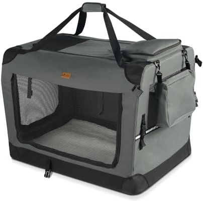 VOUNOT® Transportín Perro Gato M 60x44x44cm, Bolsa Transporte Transpirable Mascotas con Bolsillos Alfombrilla Extraíble Tira Reflectante, Caja Plegable Transportadora Portador de Viaje Mascotas, Gris