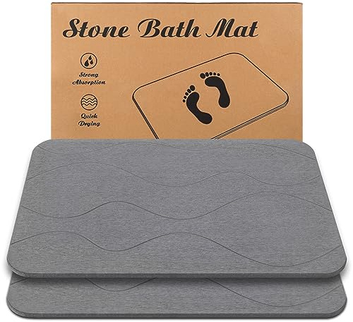 JIZEUO Stone Bath Mat, Diatomaceous Earth Shower Mat, Non-Slip Super Absorbent Quick Drying Bathroom Floor Mat, 2Pack,Grey, Pattern 1