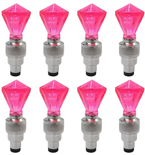 8 Pack Valve Stem LED Cap for Bike Bicycle Car Motorcycle Wheel Tire Light Lamp to Increase Night-Time and Bad Weather Visibility for Safety (Gem Shape, Pink)