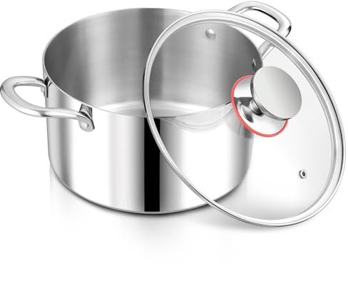 Herogo Kochtopf, Edelstahl Kochtopf Induktion mit Glasdeckel, Ø 22 cm / 5 L Suppentopf Fleischtopf Nudeltopf Spaghettitopf zum Kochen, Gesund & Unbeschichtet, Backofenfest, Silber poliert