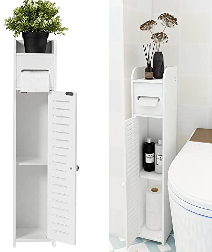 ANSIMIDA Wasserdichter Badezimmer-Schrank Badregal Badschrank Badmöbel Aufbewahrungsschrank mit 1 Tür, 1 Schublade und 1 Klopapierständer, weiß 80x17x15cm
