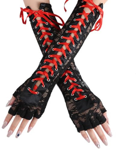Prosy Schwarz Schnürung Fingerlose Handschuhe Lange Ellbogen Handschuhe für Kostüm Party Schnürung Arm Warmer für Frauen und Mädchen