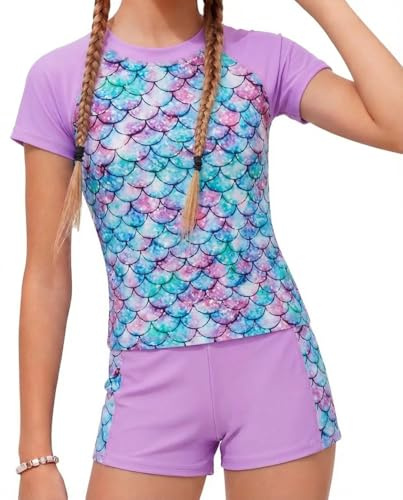 JiAmy Girls Swimming Costume Kids Two Piece Short Sleeve Swimsuit UV Sun Protection Swimwear Summer Beach Bathing Suit Purple Mermaid 5-6 Years