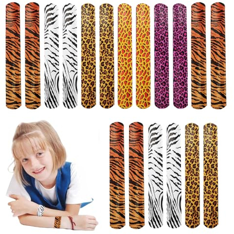 POPOYU 24 st leopard tiger zebra giraff tryck slap armband, snäpparmband band för gåvor väskfyllning, safari fest gynnar armband för barn djungel safari djur festtillbehör klassrum pris gåvor