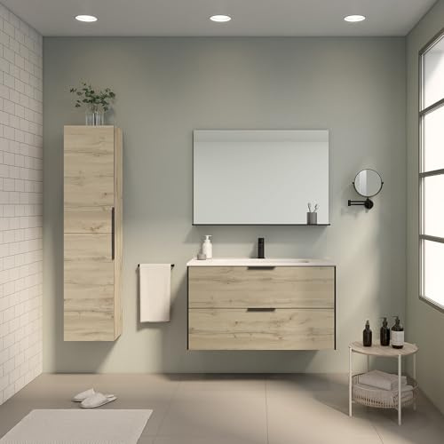 AMIZUVA - Conjunto de Mueble de Baño Serie Indus con Tirador Oculto y Acabado Roble Colonial - Dimensiones 100x56,5x45 cm