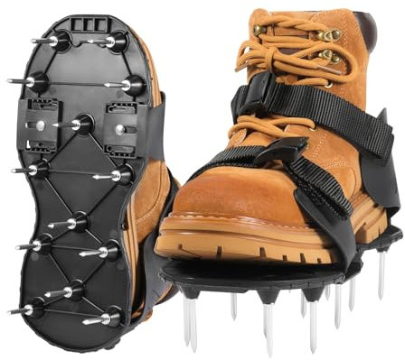 keilend Lawn Aerator Shoes - Adjustable Grass Aerating Shoes with Long Metal Spikes & PU Leather Straps for Yard, Patio, Garden - Black