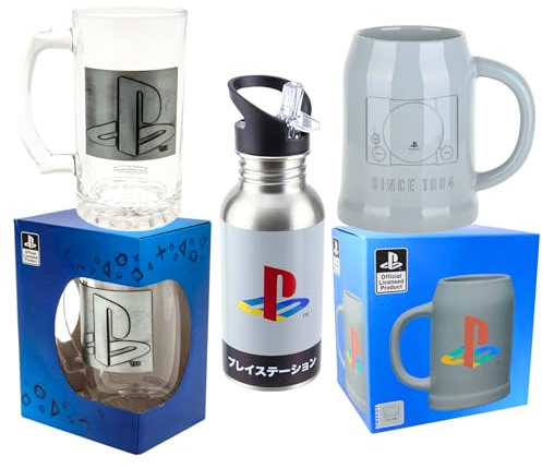 Toptoys2u Bargain Bundles Play-Station - Jarra de vidrio de 500 ml, botella de agua de acero inoxidable de 500 ml y taza de cerámica de 800 ml, paquete de 3