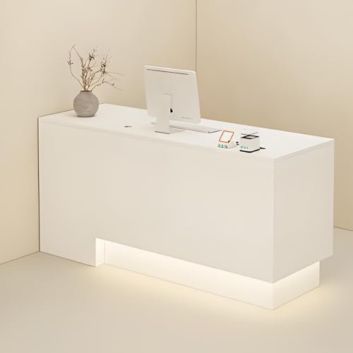 Snaweo Kleine Empfangstheke mit LED-Leuchten, Empfangstresen mit verschließbaren Schubladen, für Büros, Verkaufstheken, Lobbys, Schönheitssalons, Rezeptionstheke(White L,100cm/39in)