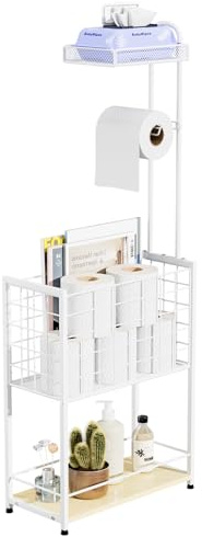 SWTYMIKI Toilettenpapierhalter Stehend Klopapierhalter Stehend - 4-Ebenen | Toilettenpapier Aufbewahrung Toilettenpapierhalter Ohne Bohren mit Großem Korb, Freistehender Rack für Extra Rollen
