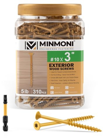 #10 x 3'' Wood Screws (5 lb Box), Trox Flat-Head Exterior Deck Screws 310pcs, Multiple Size Available, Tan, T25 Star Bit Included
