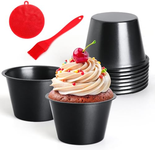 Quyimy 10 Pcs Nonstick Popover Pan, Individual Muffin Cupcake Pan Carbon Steel Pudding Cups with Oil & Dish Brush, Chocolate Molten Mould for Muffins, Quiches, Pudding Cakes, Frittatas(3.5x2.2)