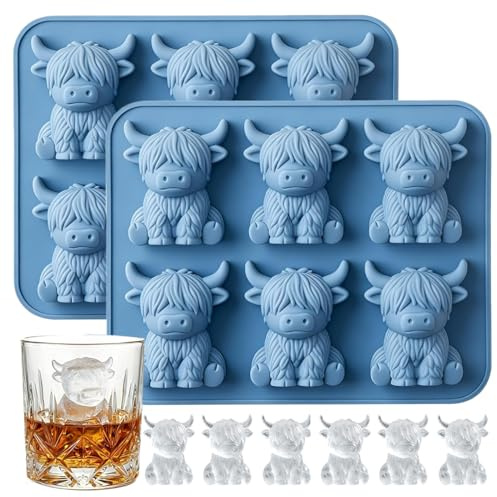 XUDUOO 2Stück Highland Cow Eiswürfelform Hochlandrind Silikon, Mini Eiswürfelform Lustige Geschenke für Papa, Ehemann, Freund, für Cocktails, Whisky, Säfte, Bier und Getränke (Blau)