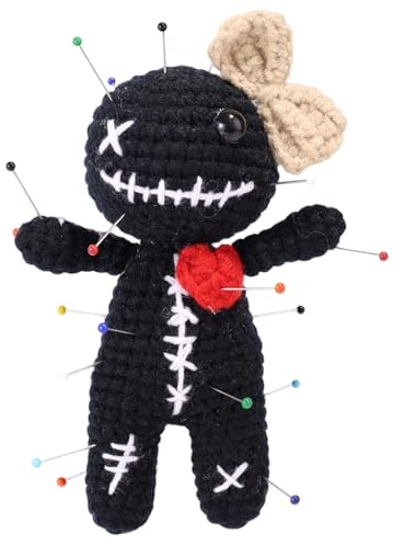 TOYMIS Positive Voodoo-Puppe, Lustiges Gehäkeltes Stressabbau-Geschenk Schwarze Gestrickte Schleife Voodoo-Puppe mit Nadeln Halloween-Deko für Erwachsene Freunde Kollegen Büro Zuhause Party