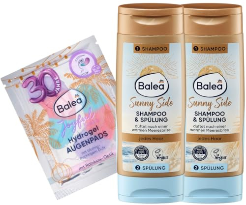 Balea 3er-Set Körperpflege: Augenpads Joyful Times verwöhnen die empfindliche Augenpartie mit einer Extraportion Feuchtigkeit (1 Paar), 2 St + Shampoo & Spülung Twinpack Sunny Side, 2 x 100 ml (200ml)