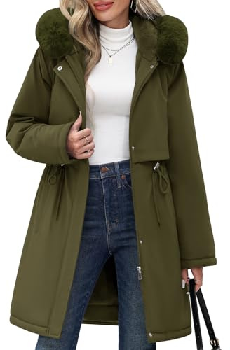 RITOSTA Vinterkappa dam varm fleecejacka huvrockar chic tjock parkas mellanlång ledig ytterrock med dragkedja, Färg: grön, S