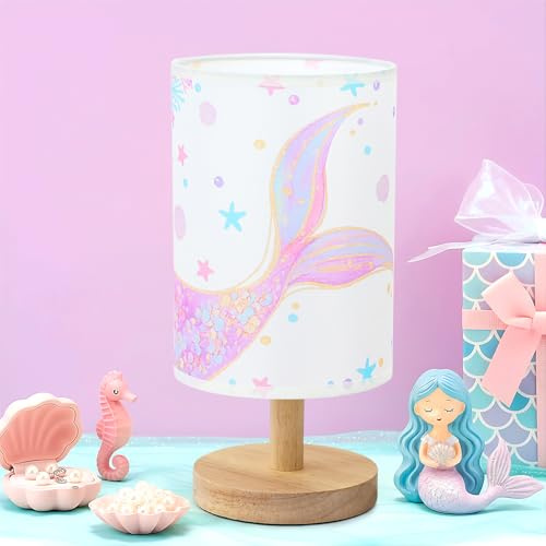 MASTRON Mermaid Table Lamp for Kids Bedroom - Mermaid Tail Pastel Kids Bedside Lamp with Linen Wooden Nightstand Nursery Lampshade for Girls Room Decor