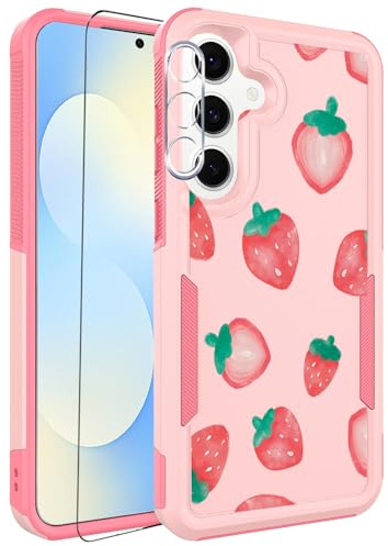 Ftonglogy for Samsung Galaxy S25 FE Case with Screen Protector Strawberry | Cute Flower Floral Fruit Design, for Girls Women, Slim TPU Bumper, Silicone Cell Phone Cover, with Camera Lens Protector