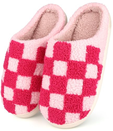 Dresofu House Slippers Women Men Fluffy Checkered Pattern Warm Plaid Slides Soft Foam Indoor Cloud Shoes Casual Anti-Skid Bedroom Footwear Fuzzy Lining Slip-on Big Kids Pink 4-5 UK
